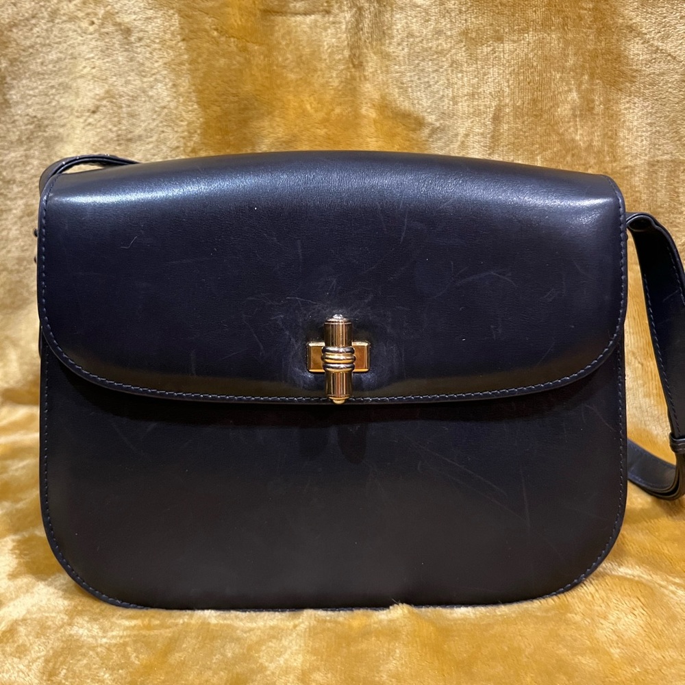 Vintage Authentic Gucci Box Bag Dark Navy Leather